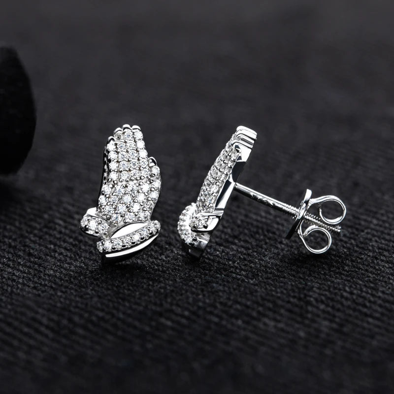 Iced Out Prayer Hand Earrings — 925 Silver