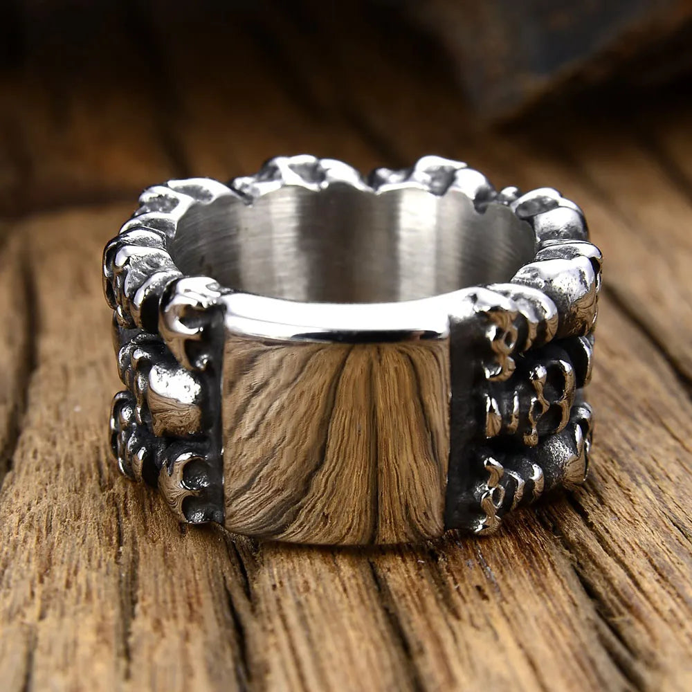 8/9/10/11/12/13# Stainless Steel Men Skull Ring Ancient Punk Skeleton Crossbones Waterproof Not Fading Male Finger