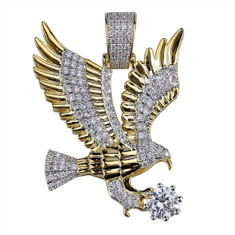 Fashionable Shiny Zircon Flying Eagle Animal Pendant Necklace for Men Hip Hop Rock Party Jewelry