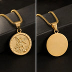 St. Michael Embossed Round Pendant Necklace — Stainless Steel