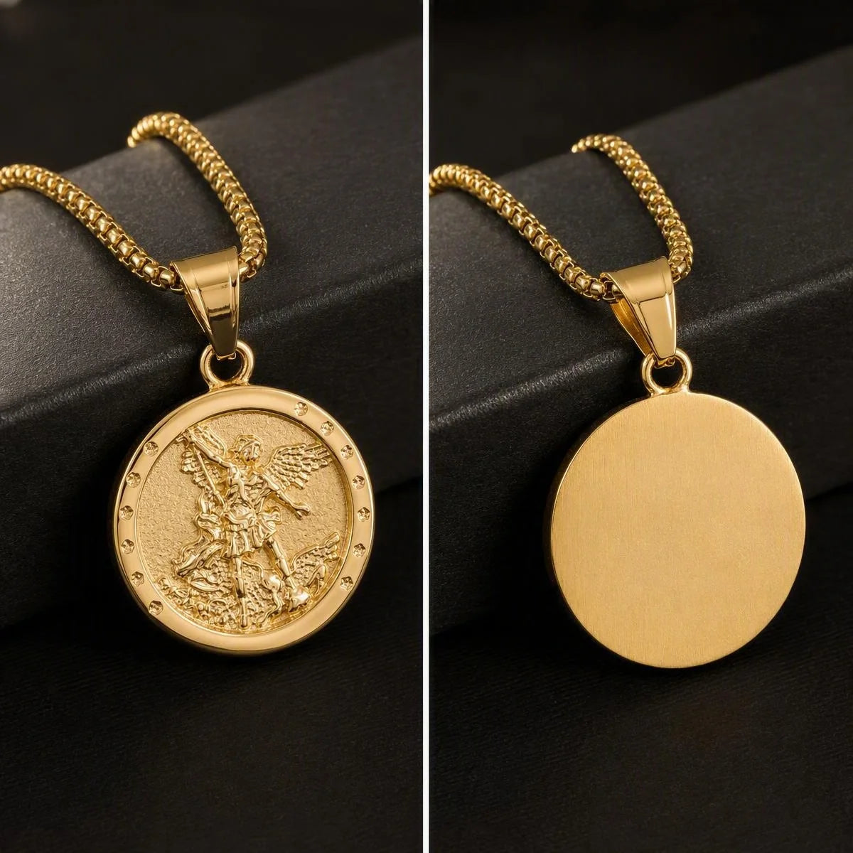 St. Michael Embossed Round Pendant Necklace — Stainless Steel