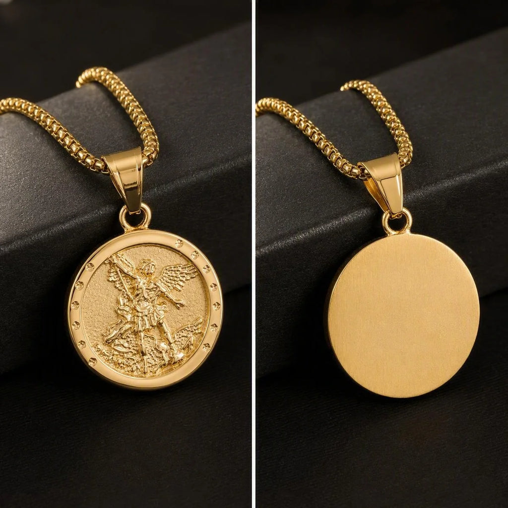 316L Stainless Steel Gold color St. Michael Embossed Round Pendant Necklace Hypoallergenic Tarnish Resistant Street Jewelry