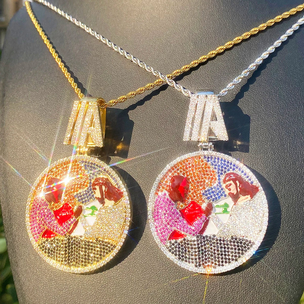 Aokaishen Iced Out Disc Wrist Wrestling Necklace Pendant for Men Real Gold Plated Cubic Zirconia Hip Hop Jewelry