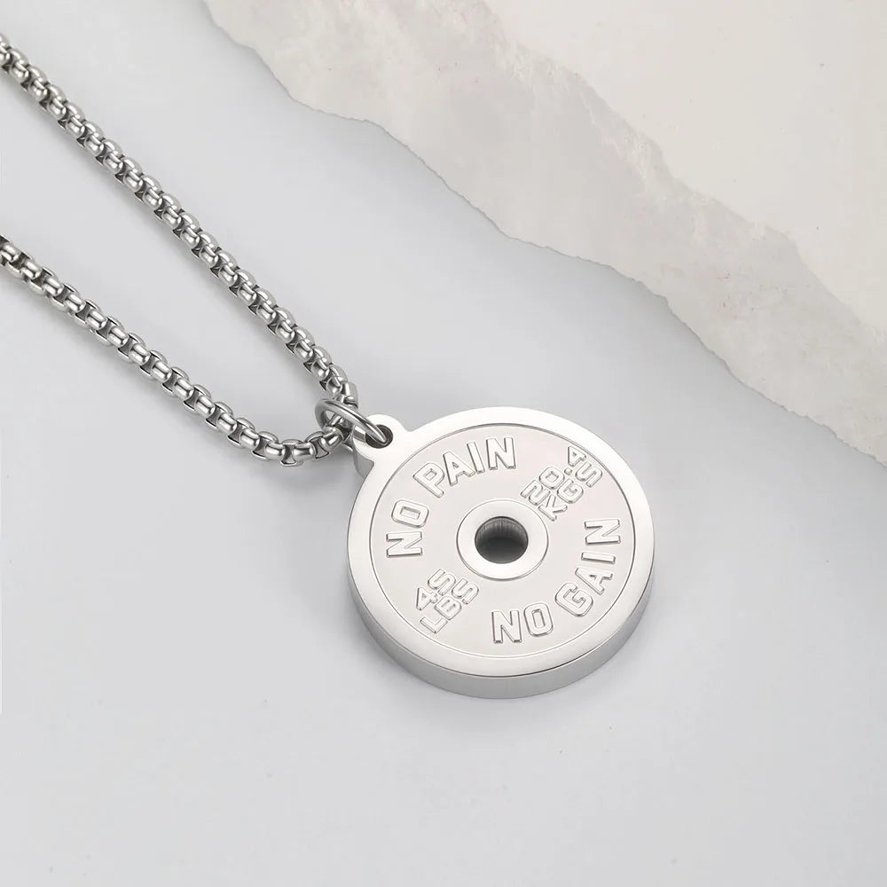 1PC  ING Fadeless Stainless Steel Round Dumbbell Pendant Necklace for Men NO PAIN NO GAIN Fitness Necklace Man Spiritual Jewelry