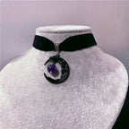 Gothic Temperament Black Human Face Moon Amethyst Round Bead Pendant Velvet Necklace for Women Men Halloween Party Jewelry Gifts