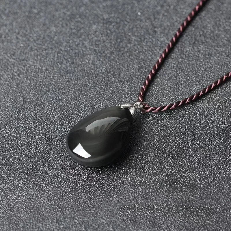 Black Natural Obsidian Water Drop Pendants Rope Necklaces Lucky for Men Women Safety Amulet Stone Jewelry