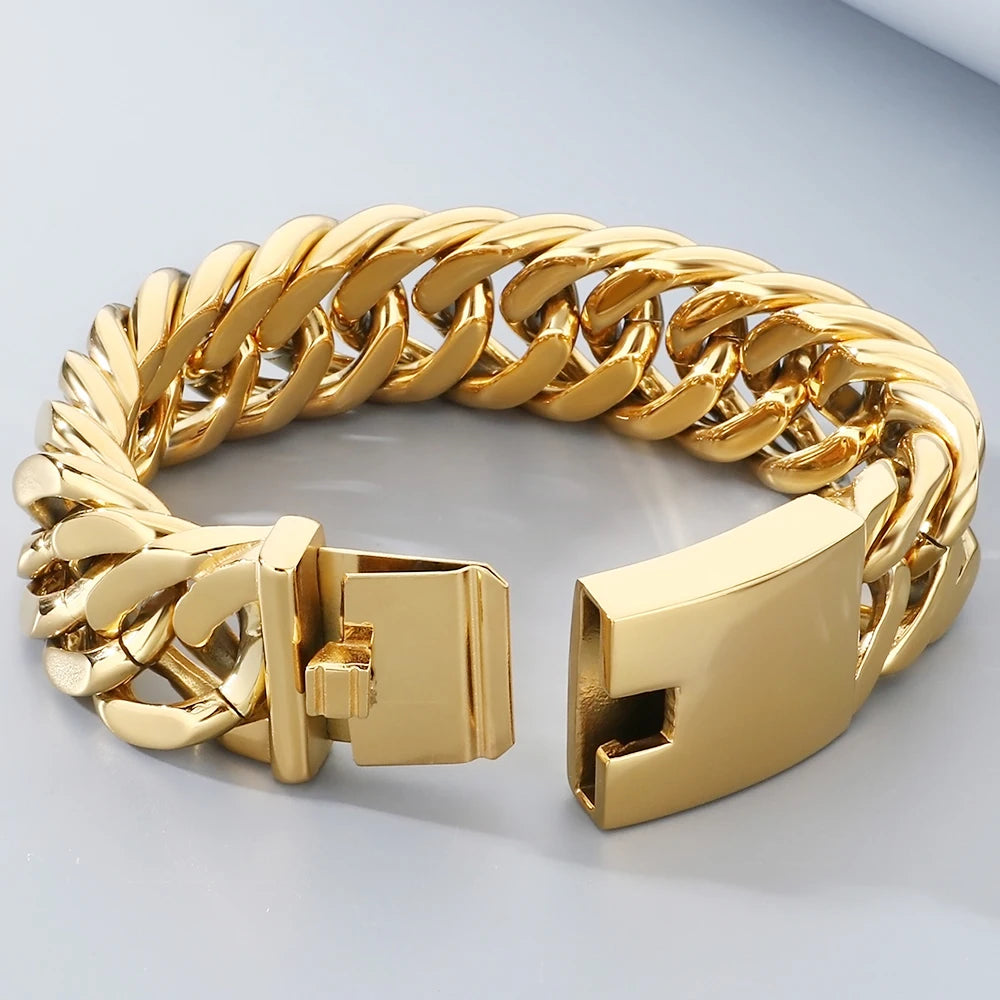 Cool 17MM Width Curb Cuban Link Chain Bracelet for Man Polished Stainless Steel Men's Bracelets Punk Rock Jewelry