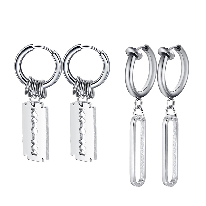 Fashion Stainless Steel Blade Earrings Vintage Razor Hollow Drop Earrings Women Men Punk Jewelry Hip Hop Street Dangle