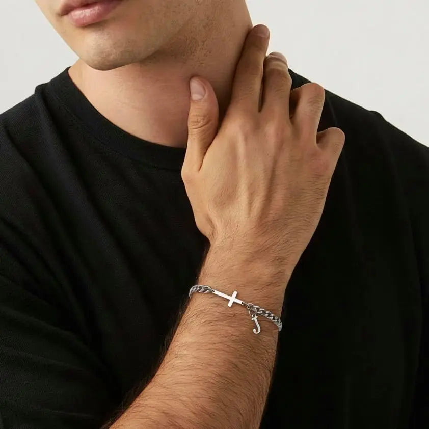 Men Cross Cuban Chain Bracelets for Men Initial A-Z Faith Cross Bracelets, Stainless Steel Initial Bracelet Religious