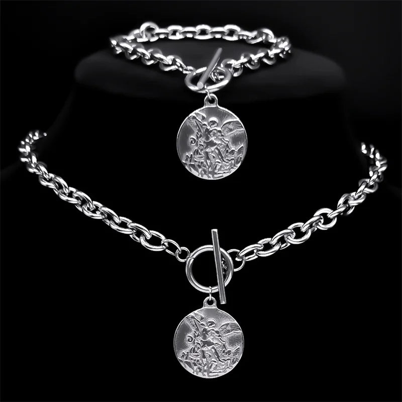 Saint Michael Angel Necklace Bracelet Set — Gold