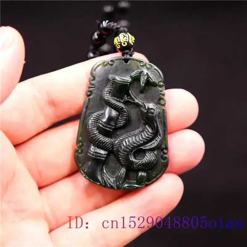 Chinese Jade Snake Obsidian Amulet Pendant Necklace — Black-Tone