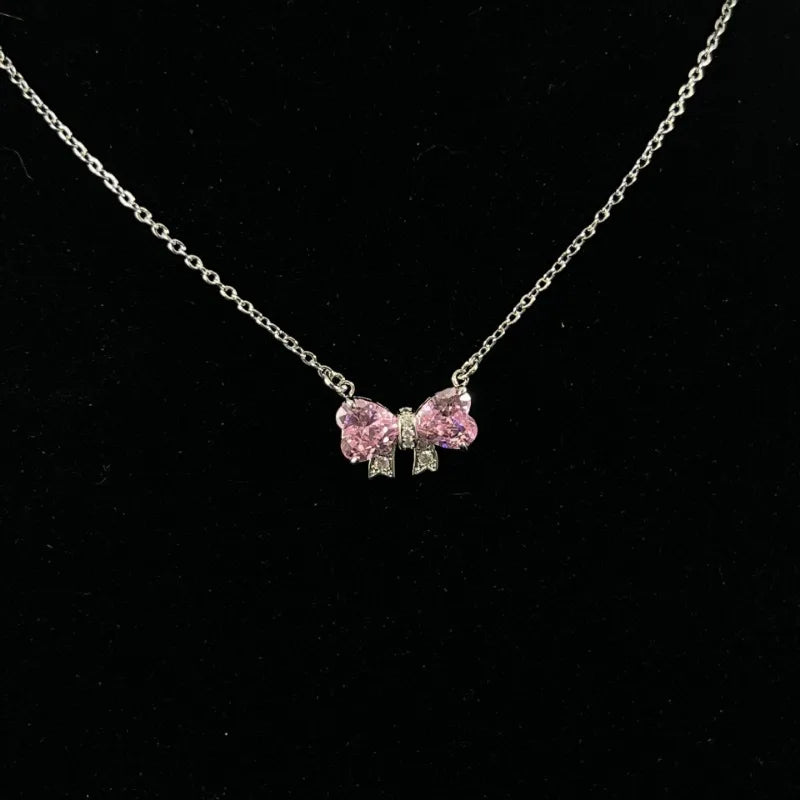 Pink Bow Zircon Clavicle Necklace — SS