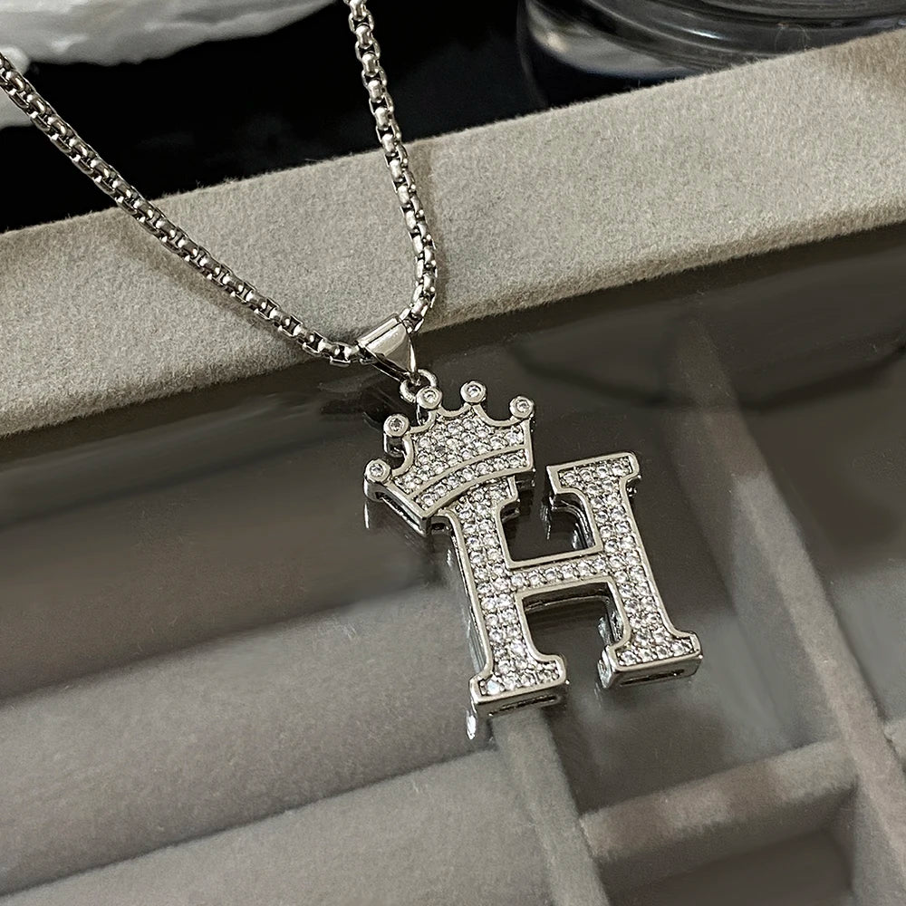 Freetry 26 Letters A-Z Zircon Crown Pendant Necklace for Women Men Punk Initial Alphabet Necklaces Hip Hop Choker Chain