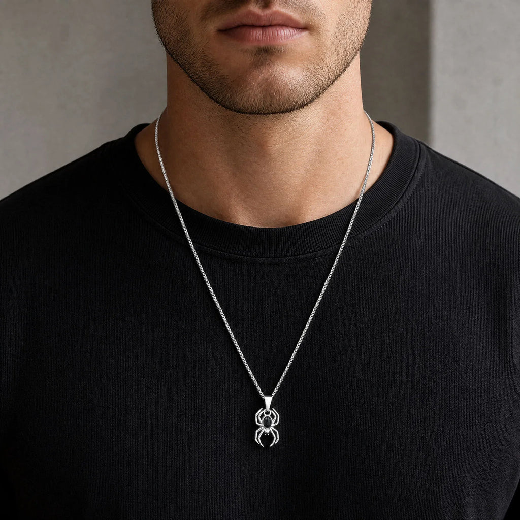 Gothic Punk Spider Totem Necklace for Men,Stainless Steel Black Onyx Inlaid Spider Pendant Necklace,Trend Halloween