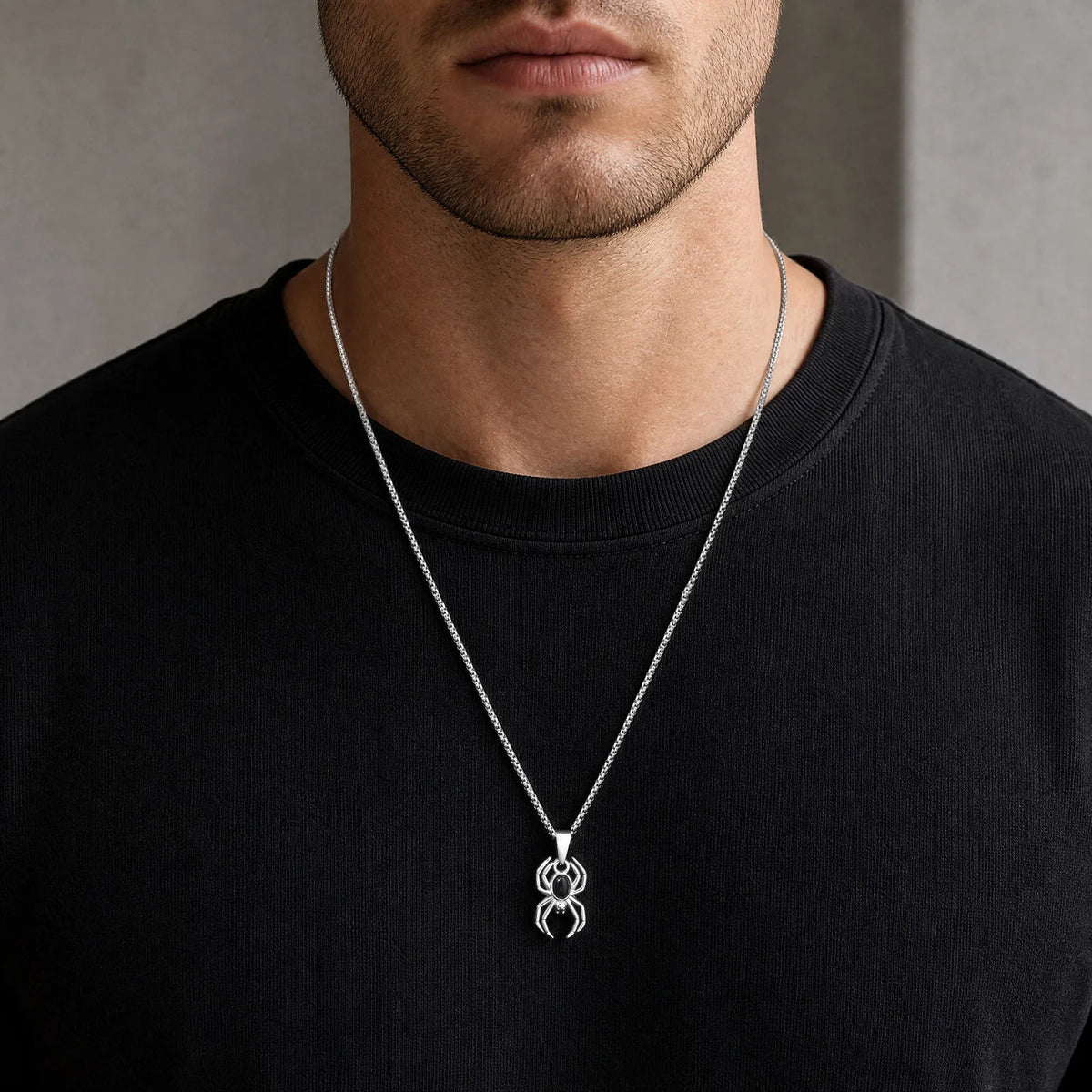 Gothic Punk Spider Totem Necklace for Men,Stainless Steel Black Onyx Inlaid Spider Pendant Necklace,Trend Halloween