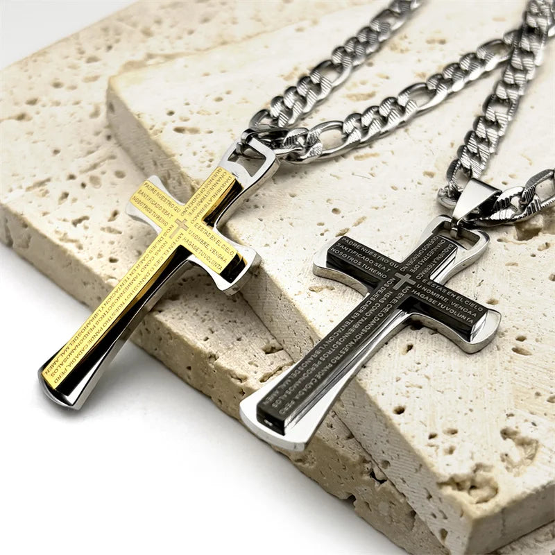 Lord's Prayer Jesus Cross Pendant Necklace — Stainless Steel
