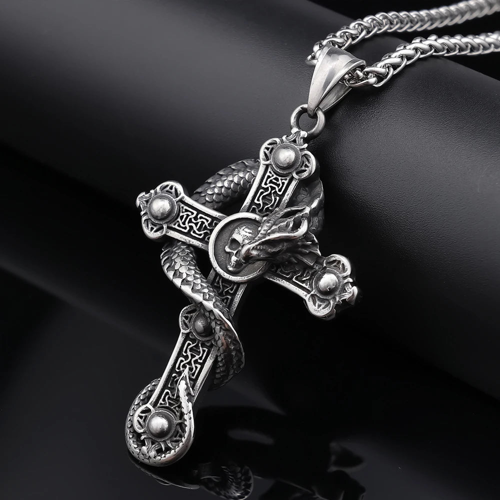 Gothic Skull Cross Dragon Pendant Necklace — Stainless Steel