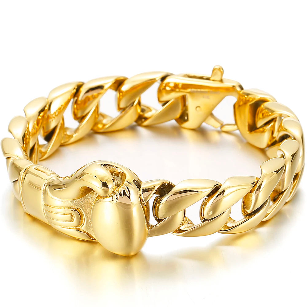 15MM Vacuum Plating Gold Color Men's Cuban Link Chain Bracelet Punk 316L Stainless Steel Boxing Gloves Style Bracelet