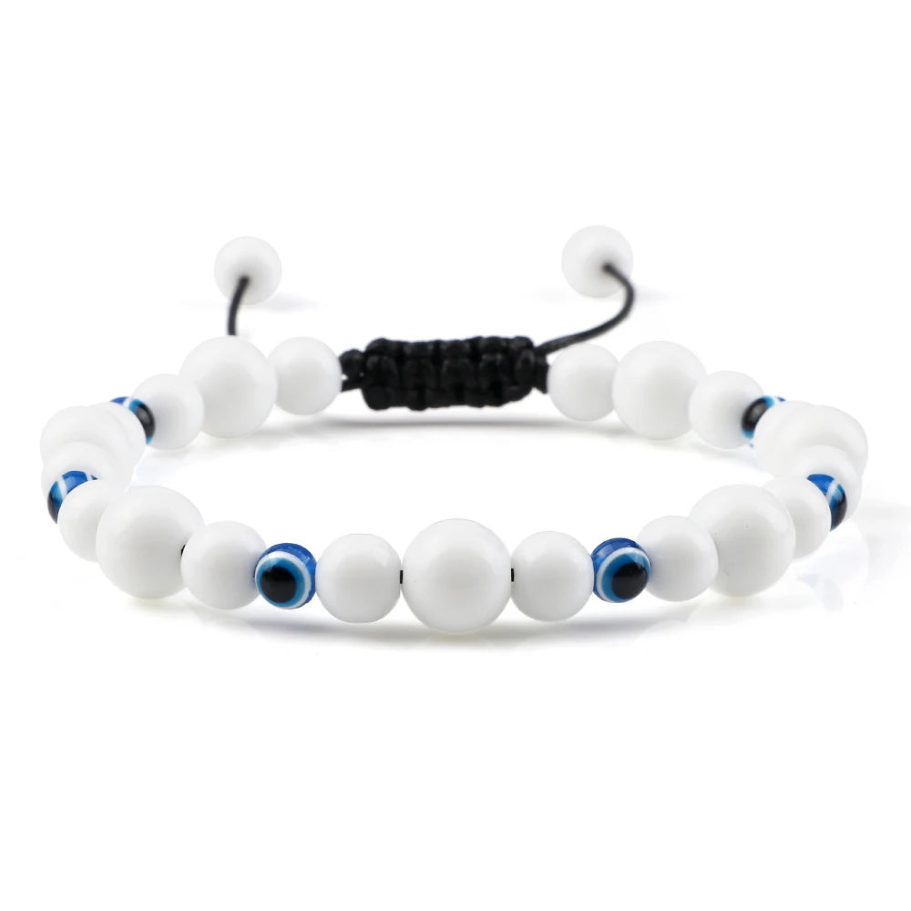 6 8mm Natural Stone Beads Bracelet for Women Men Blue Turkish Evil Eye Braided Chain Bangle Lucky Couple Jewelry Gift