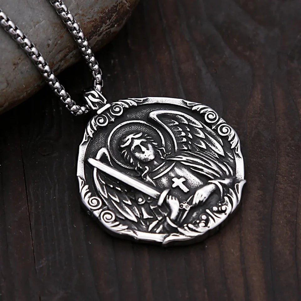 New Vintage Saint Michael Angel Pendant Necklaces Stainless Steel  Punk Motorcycle Amulet Angel Necklace For Men Fashion Jewelry