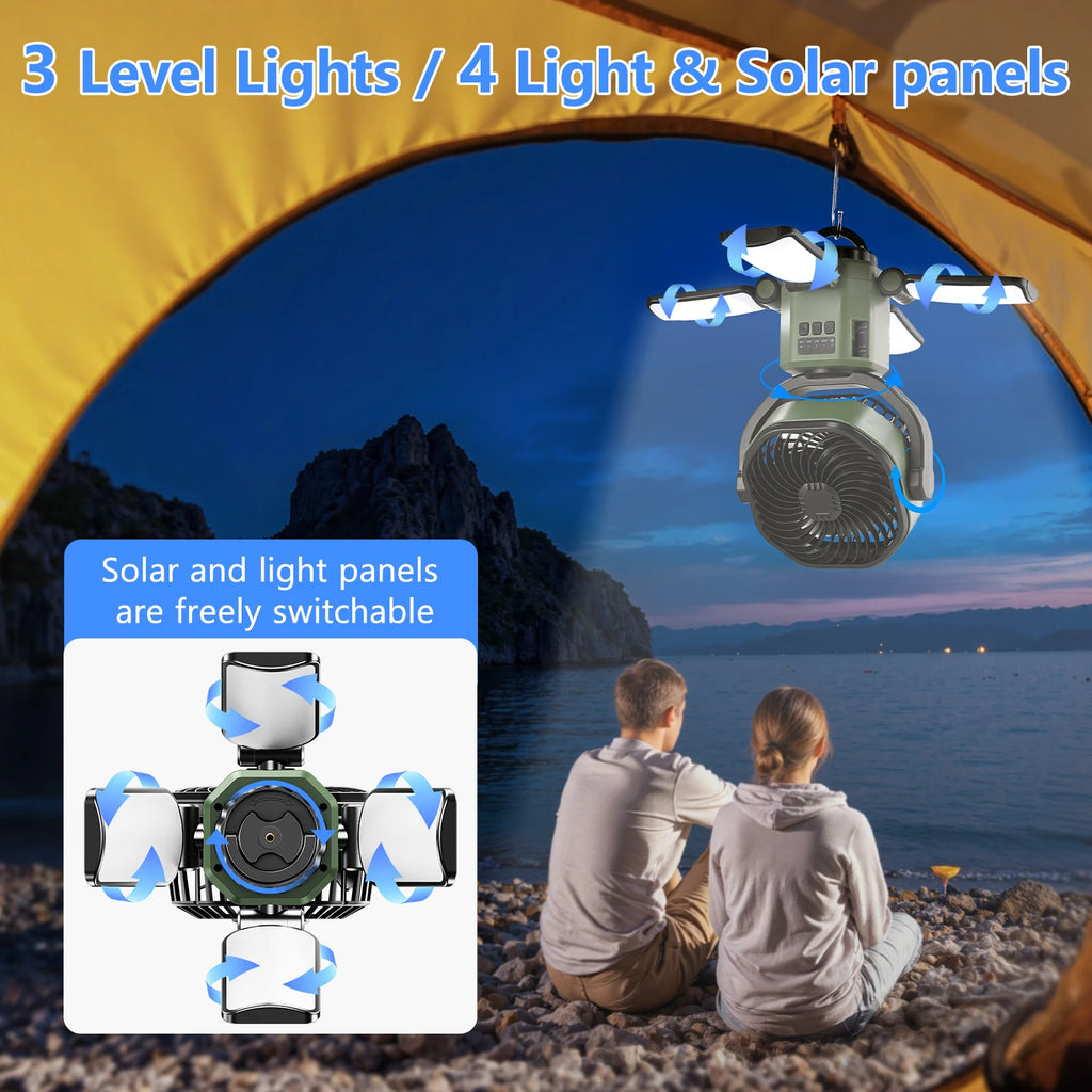 Eary Solar Powered Fan 6000mAh Battery Operated 4 Speed Wind With Led Light Outdoor Tent Fans for Camping Essentials