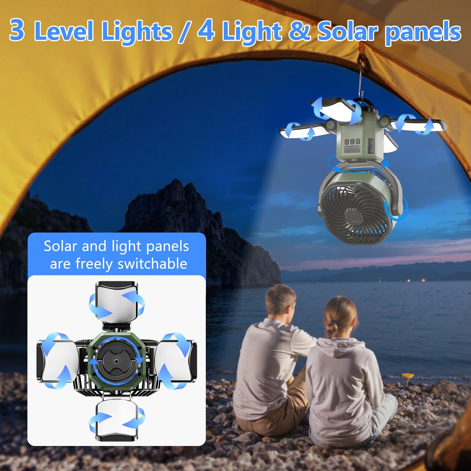 Eary Solar Powered Fan 6000mAh Battery Operated 4 Speed Wind With Led Light Outdoor Tent Fans for Camping Essentials