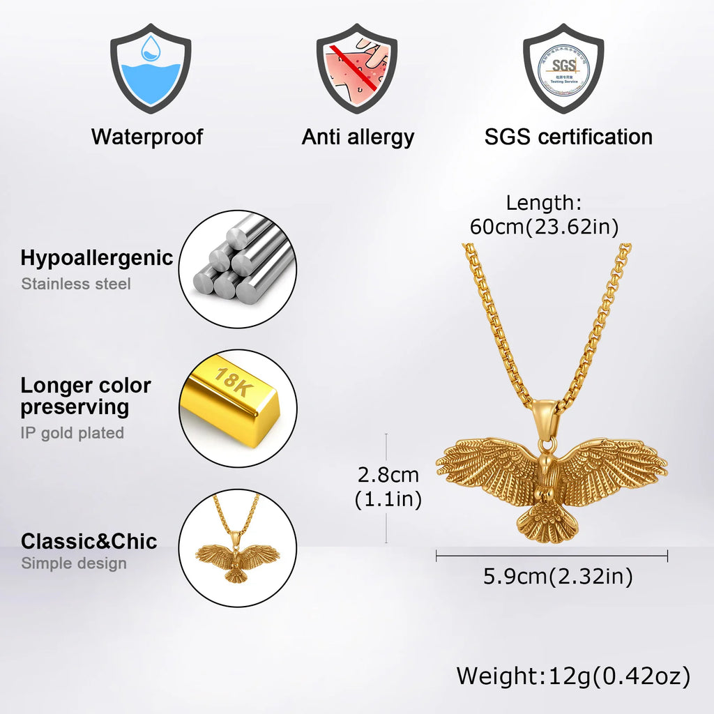 Punk Eagle Necklace for Men,Gold Silver Color Stainless Steel Eagle Pendant Necklace,Birthday Hip Hop Jewelry Gift