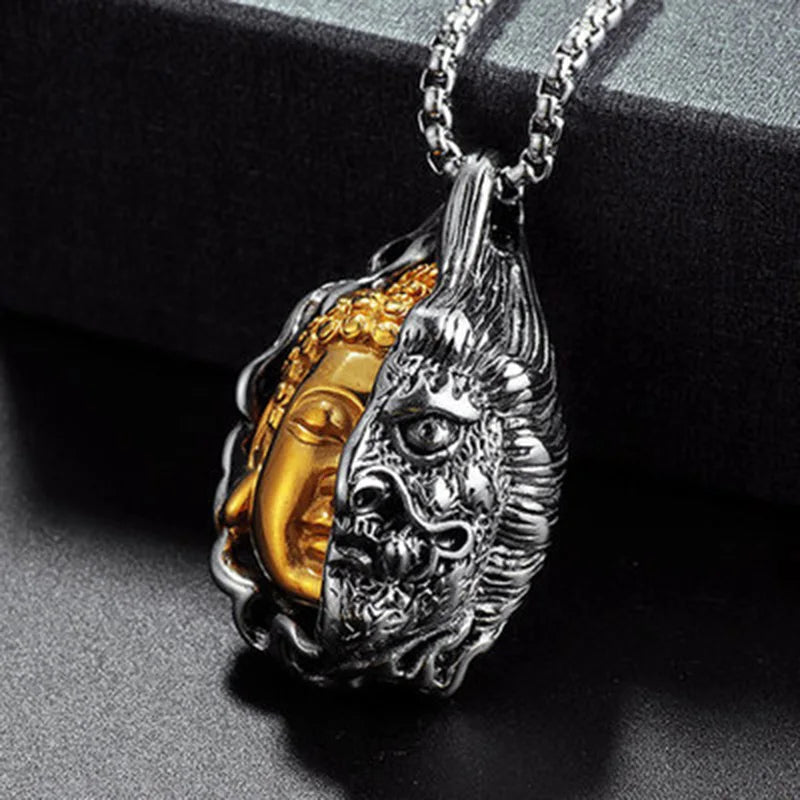 Gothic Buddha Demon Cuban Chain Necklace — Two-Tone, 21in