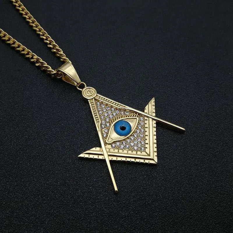 Hip Hop Rock Bling Gold Color Stainless Steel Illuminati Eye Freemason Masonic AG Pendants Necklaces for Men Jewelry