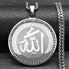 Arabic Quran Allah Medal Necklace for Women Men Rhinestone Stainless Steel Gold Color Islam Muslim Chain Jewelry collar