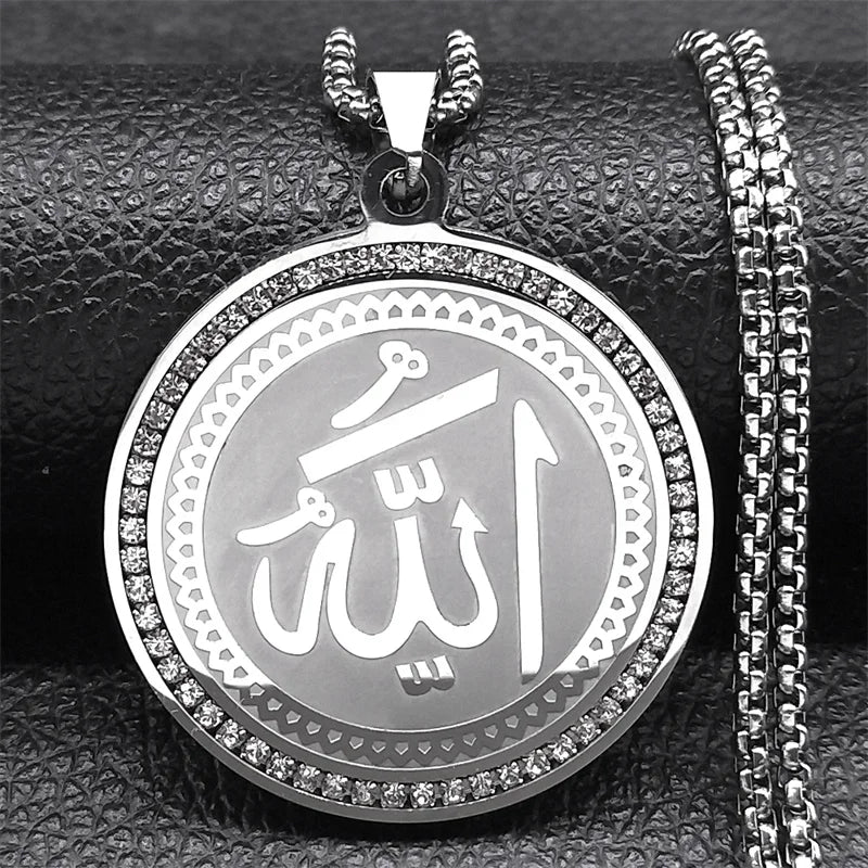 Arabic Quran Allah Medal Necklace for Women Men Rhinestone Stainless Steel Gold Color Islam Muslim Chain Jewelry collar