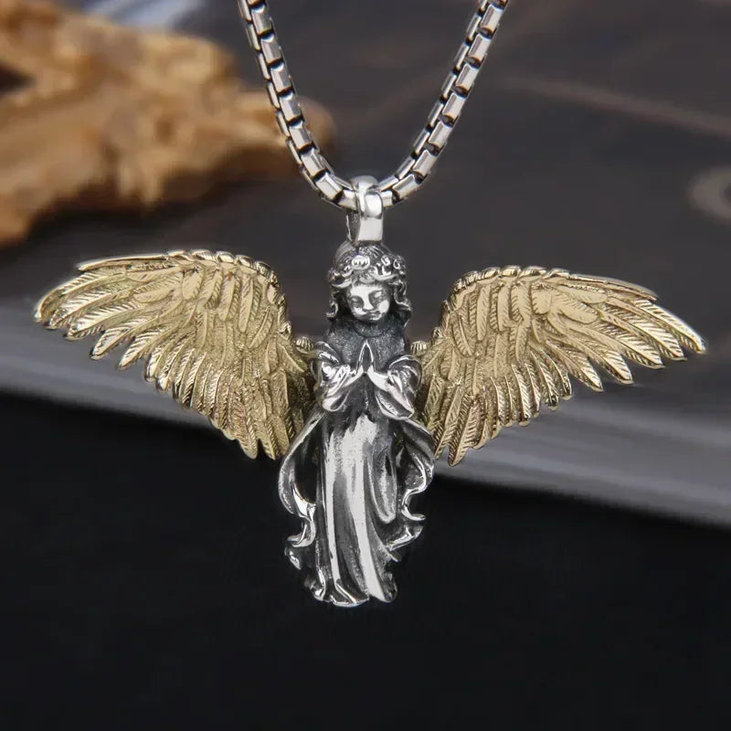 Delicate Antique Silver Color Seraph Prayer Good Luck Necklace Pendant Men Women Anniversary Amulet Jewelry Gift