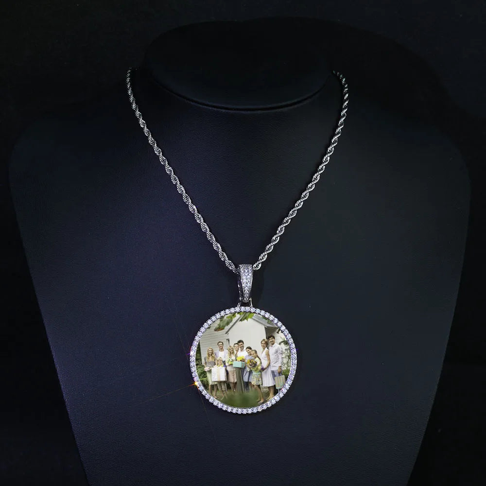 HHIOK Customized Necklaces Circle Chain Picture Personalized Diamond Memory Pendant with Photo Wing Design Gift for Men