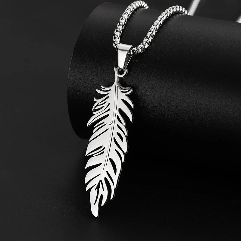 Men's Stainless Steel Feather Pendant Necklace Trendy Fashion Hip Hop Punk Jewelry Accessories Gift For Best Friend