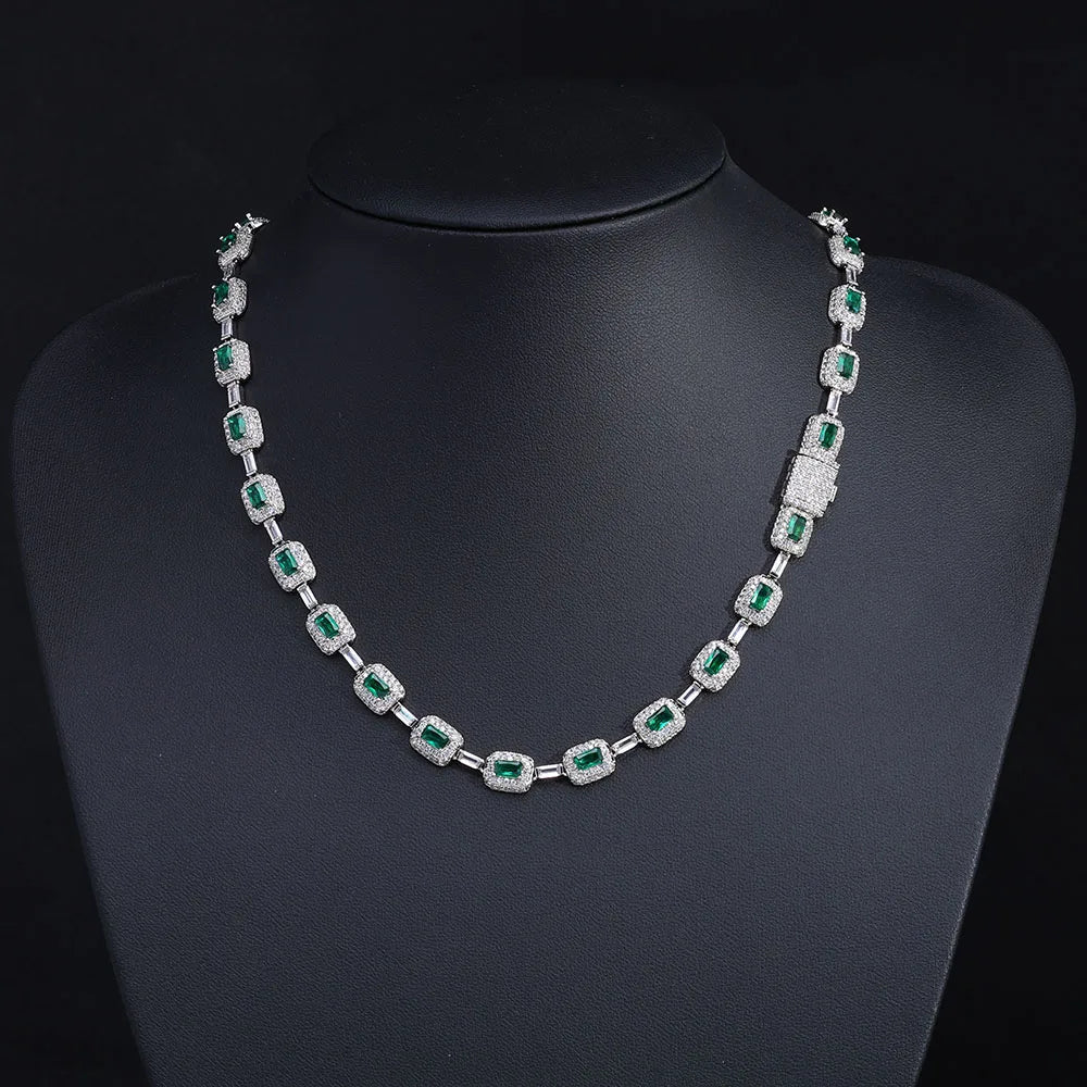 Tennis Chain Necklace Stainless Steel Green CZ
