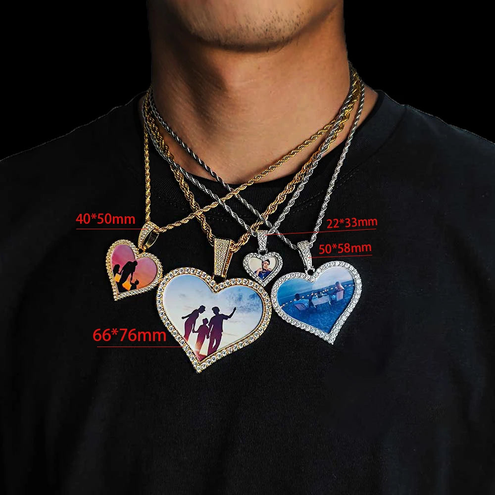 Iced Out Heart Photo Pendant Necklace