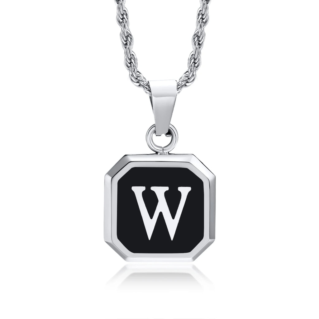 Initials Necklaces for Men Women,A-Z 26 Letters Black Square Stainless Steel Pendant Collar,45-60CM Twisted Rope Chain