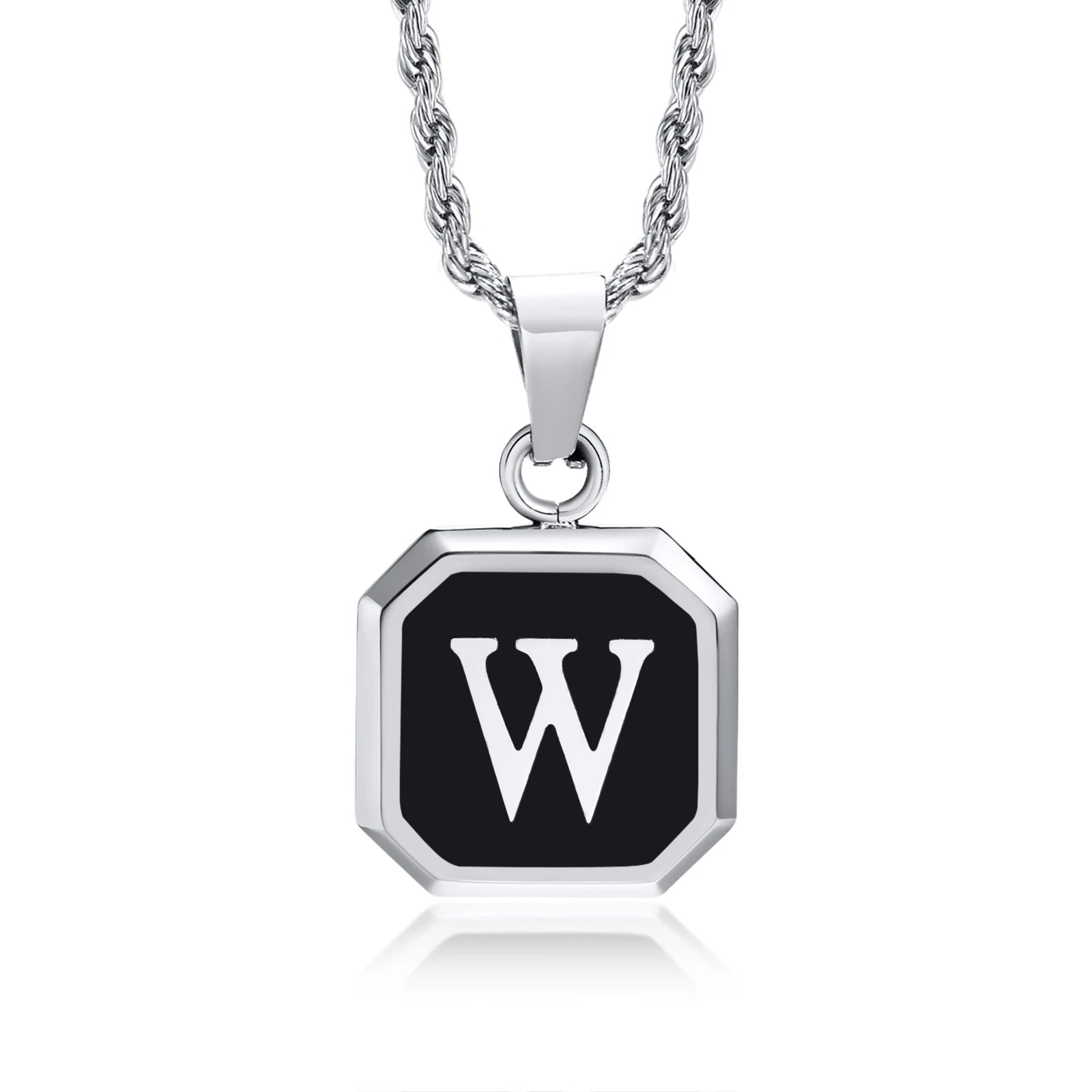 Initials Necklaces for Men Women,A-Z 26 Letters Black Square Stainless Steel Pendant Collar,45-60CM Twisted Rope Chain