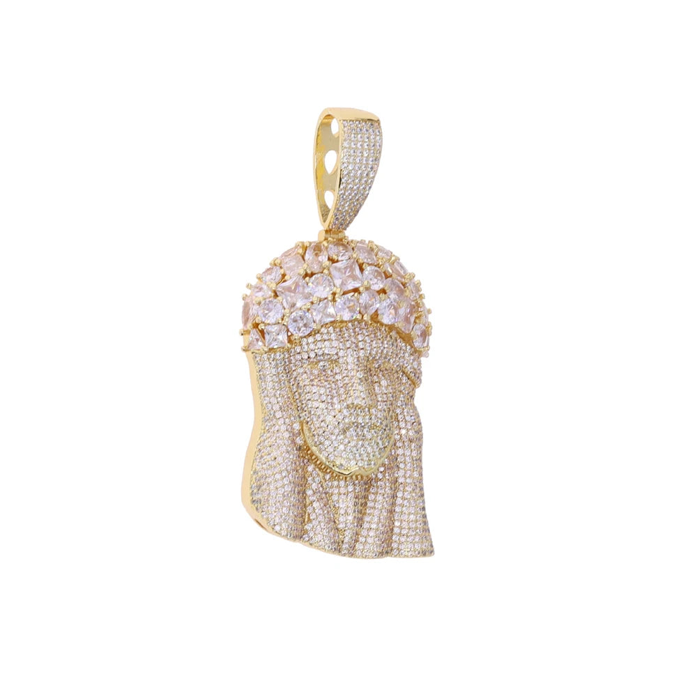 Iced Out Rose Flower Jesus Head Pendant Necklace Two Tone Color CZ Zircon Faith Charm Men Women Hip Hop Fashion Rock