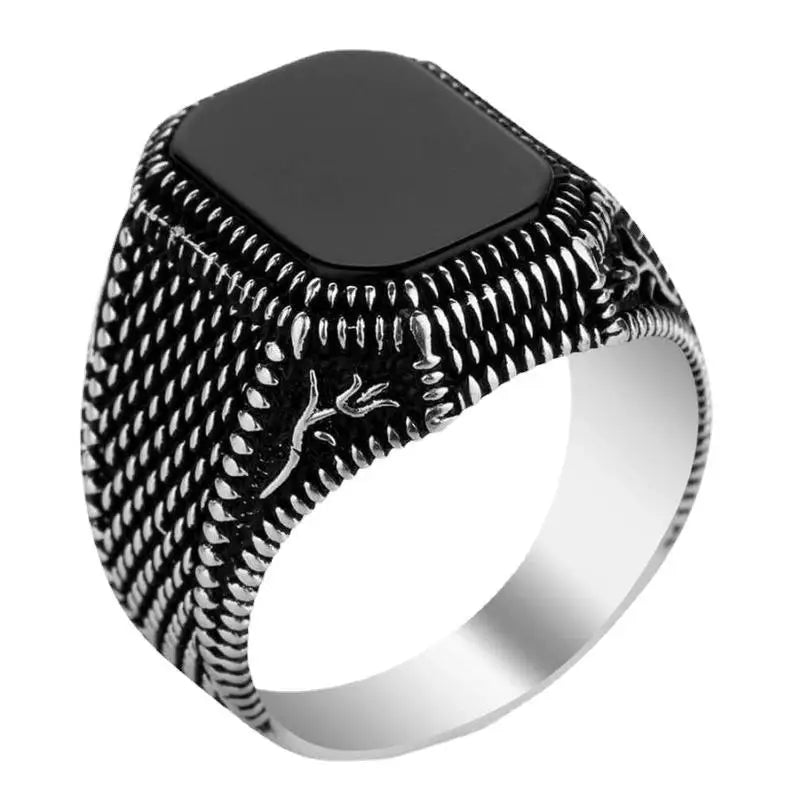 Vintage Handmade Square Onyx Stone Silver Plated Ring Men and Women Turkish Signet Big Ring Punk Jewelry Factory