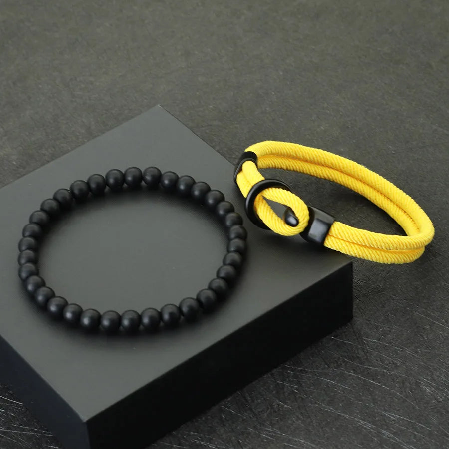 Fashion Mens Bracelet Set Lucky Thread Wrap Braclet Meditation Onyx Stone Beads Braslet Hombre Hand Accessories Fabric