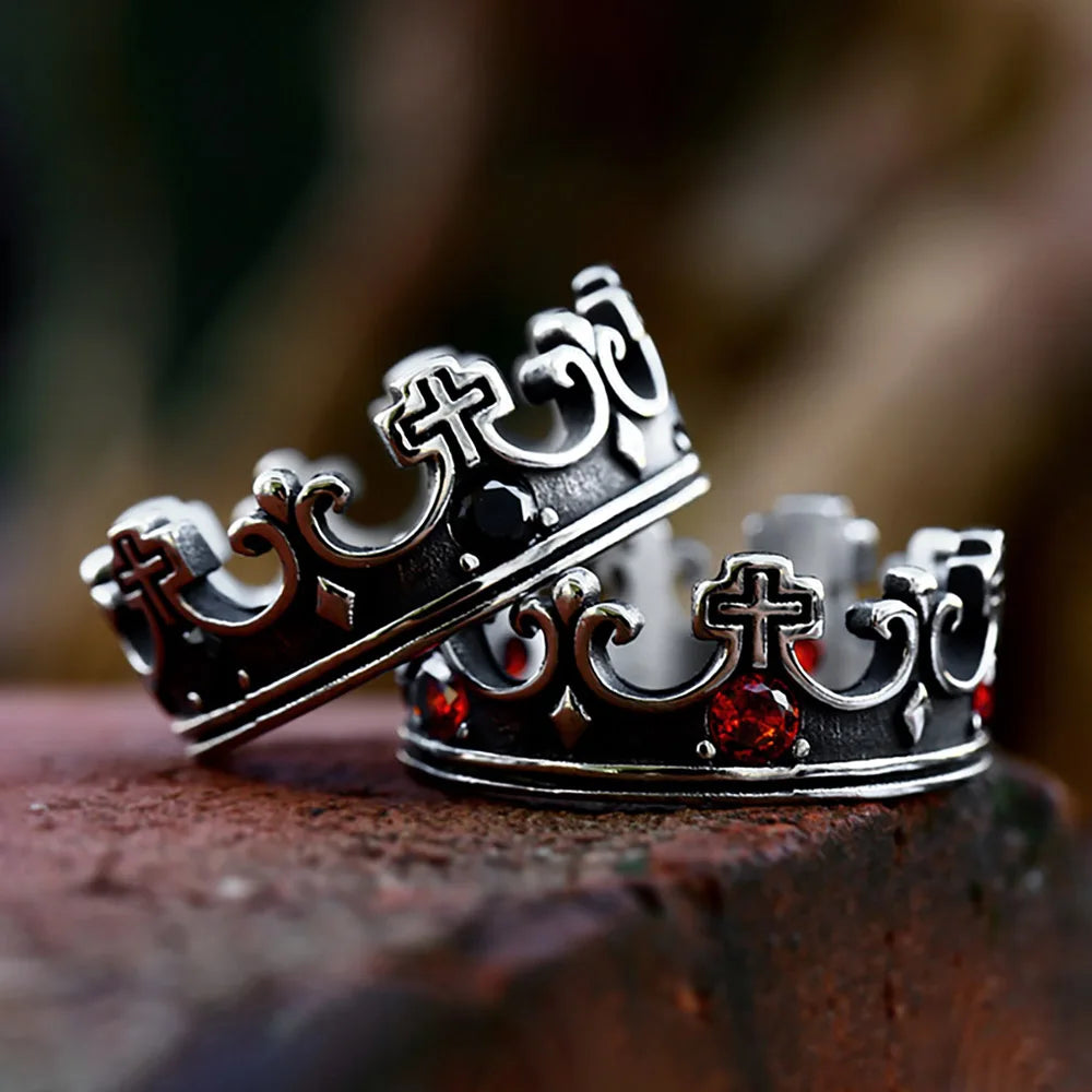 Cross Crown Ring with Red Stones — SS