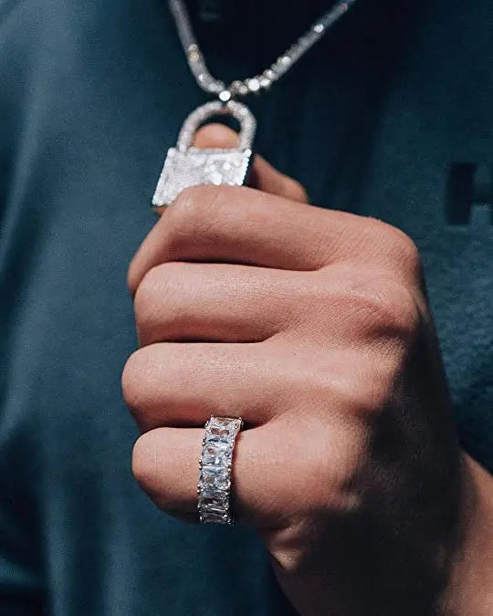 TOPGRILLZ 1 Row Solitaire Tennis Men's Ring Copper Charm Baguette Cubic Zircon Iced Ring Fashion Hip Hop Jewelry For Gifts