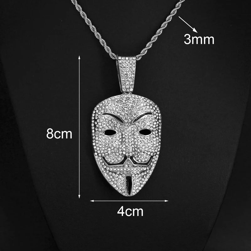 Men Women Hip Hop Large Rhinestone Mask Pendant Necklace With Twist Rope 4mm Tennis Chain HipHop Necklaces Fashion Jewelry Gift