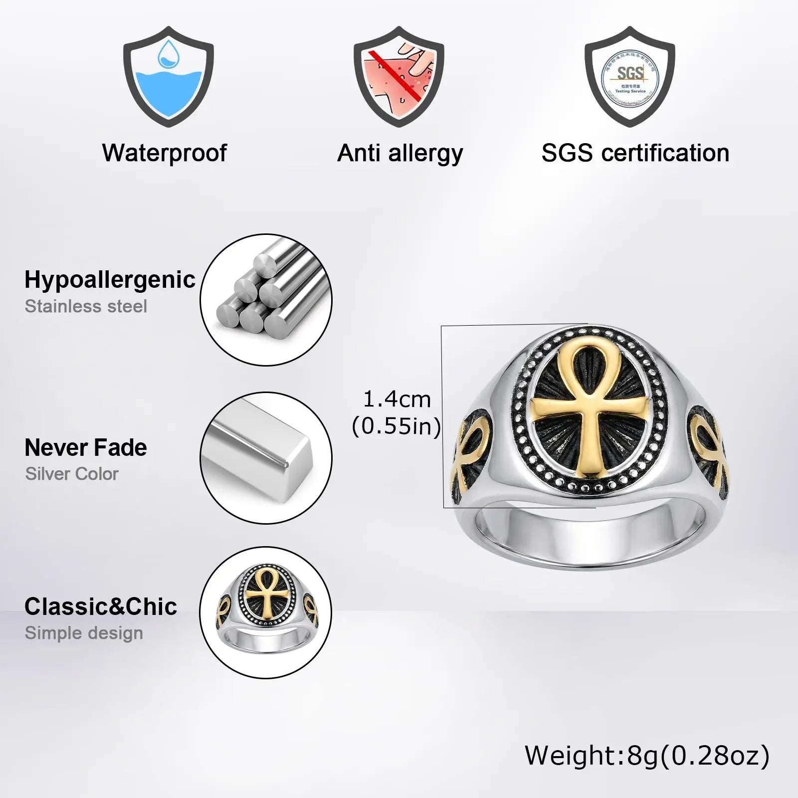 Ankh Cross Vintage Signet Ring — Stainless Steel