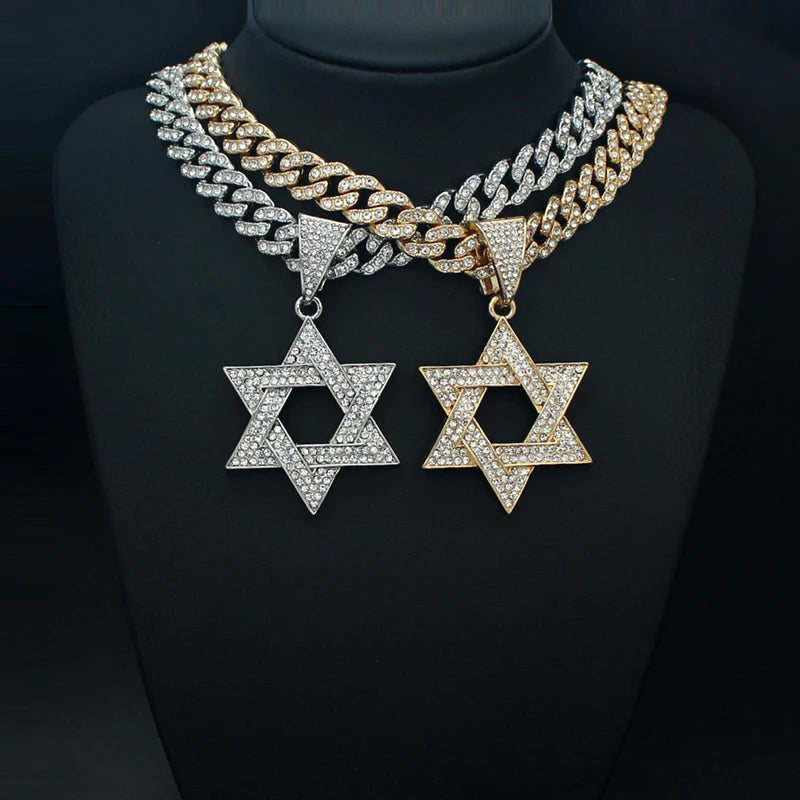 Fashion Star of David Pendant Necklace Women Men Hip Hop Tennis Cuban Chain Necklaces Classic Six-pointed Star Jewish