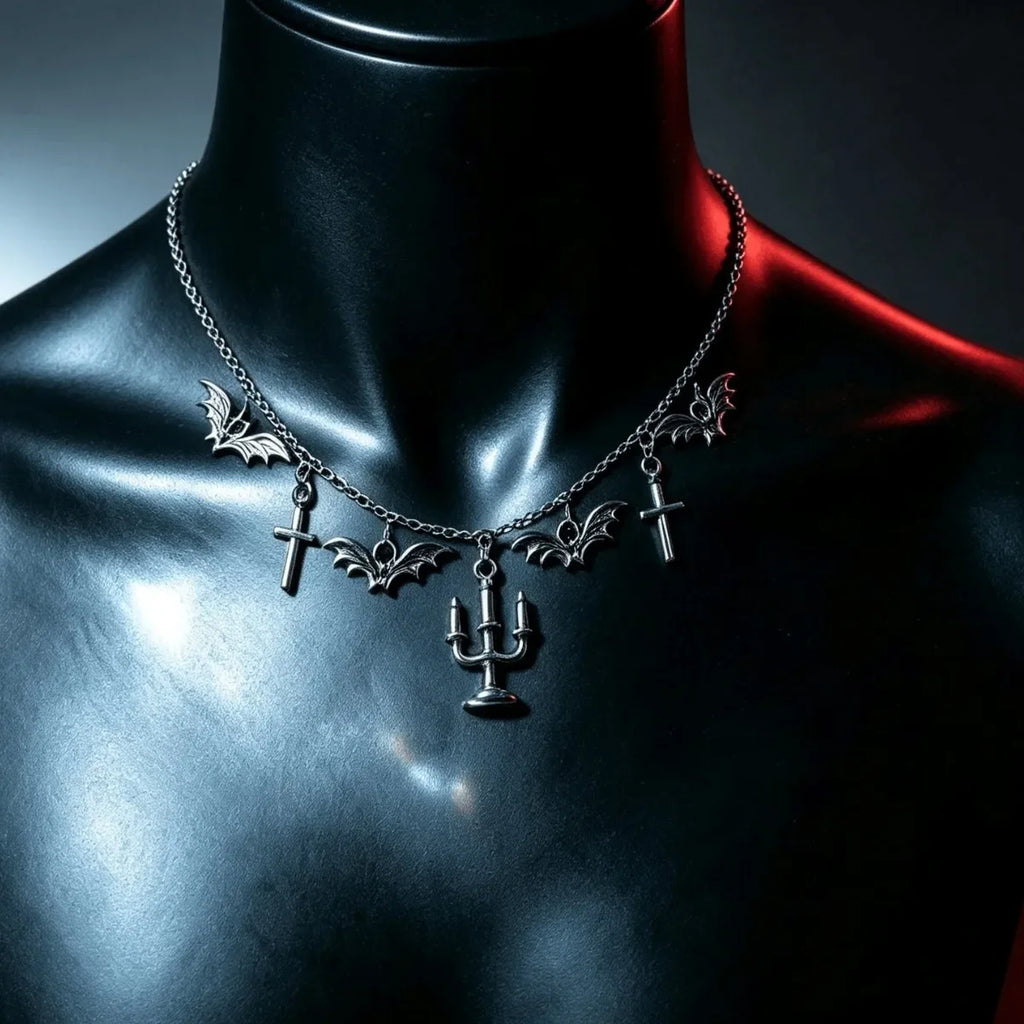 2027 Gothic Bat Cross Candelabra Pendant Necklace Dark Grunge Alloy Choker for Women Retro Halloween Party Alt