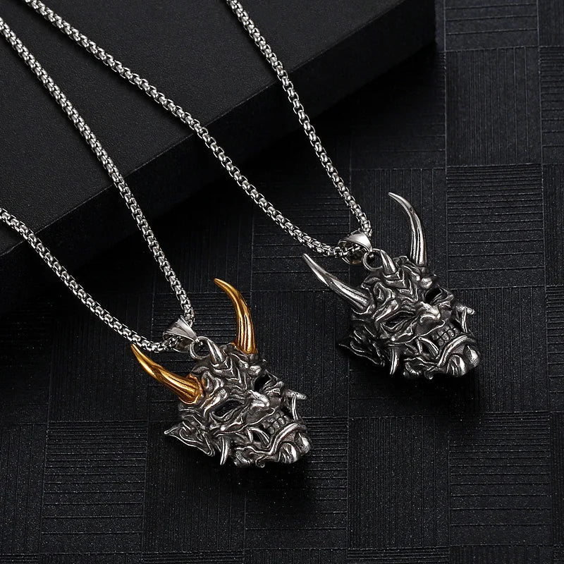 1Pcs Vintage Punk Demon Mask Samurai Ghost Pendant Necklace Unisex Long Chain Hip Hop Rock Party Necklace Jewelry