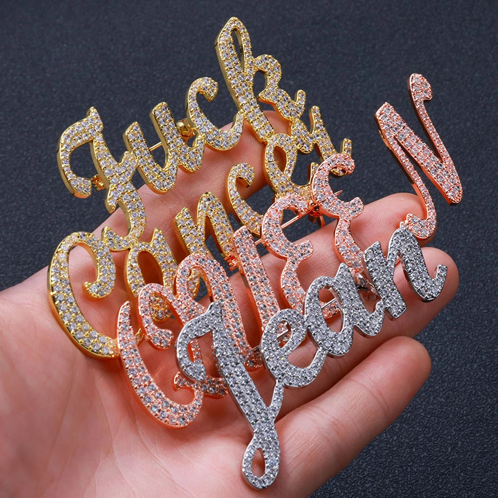 Iced Out Letter Name Pin Brooch Rose Gold