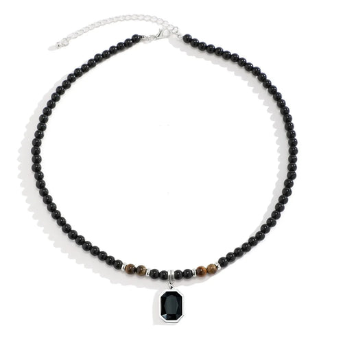 Black Beads with Square Pendant Necklace for Men Trendy Accessories on The Neck Collar 2025 Fashion Jewelry Male